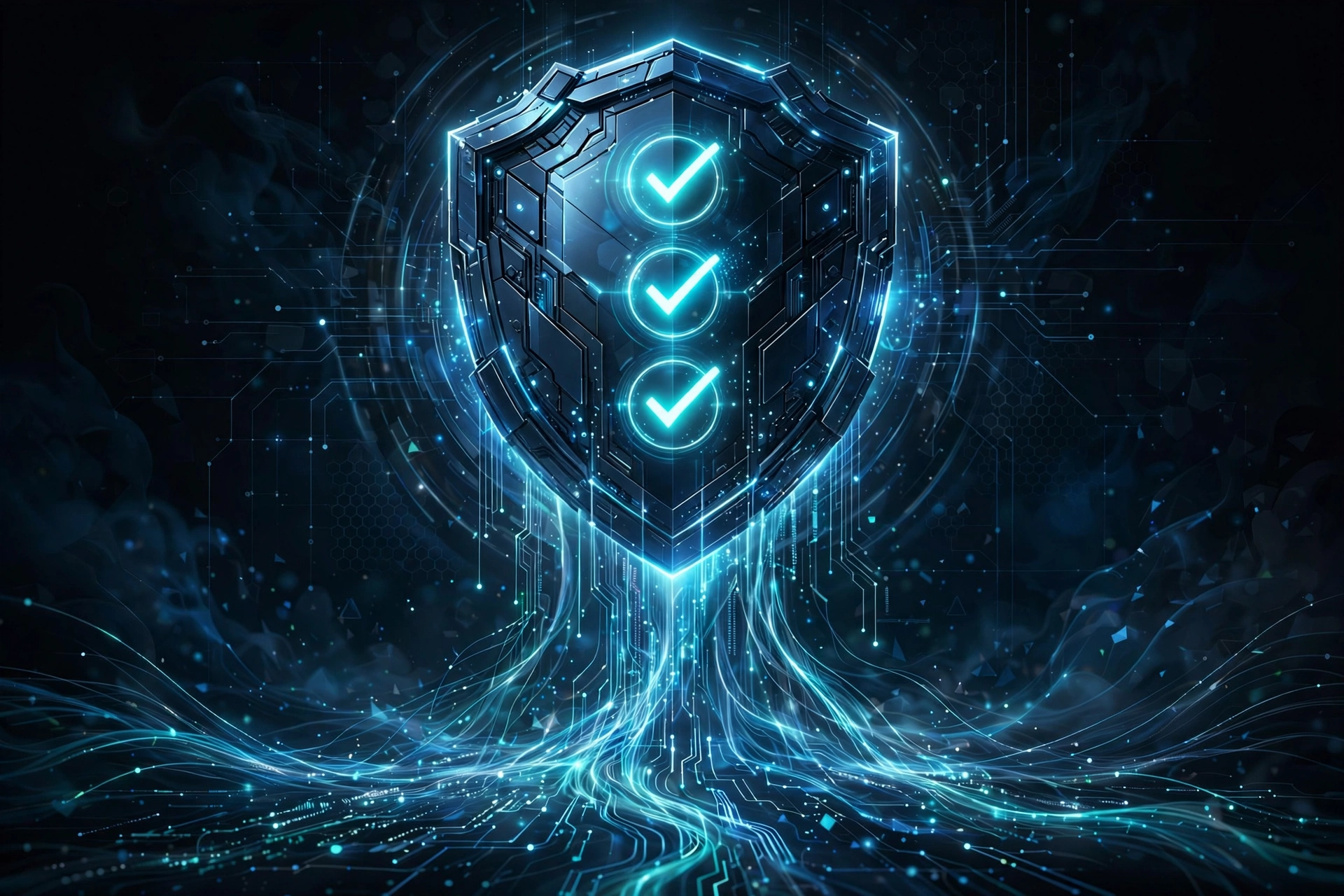 Concept cover: a glowing shield with checkmarks over code streams on dark background