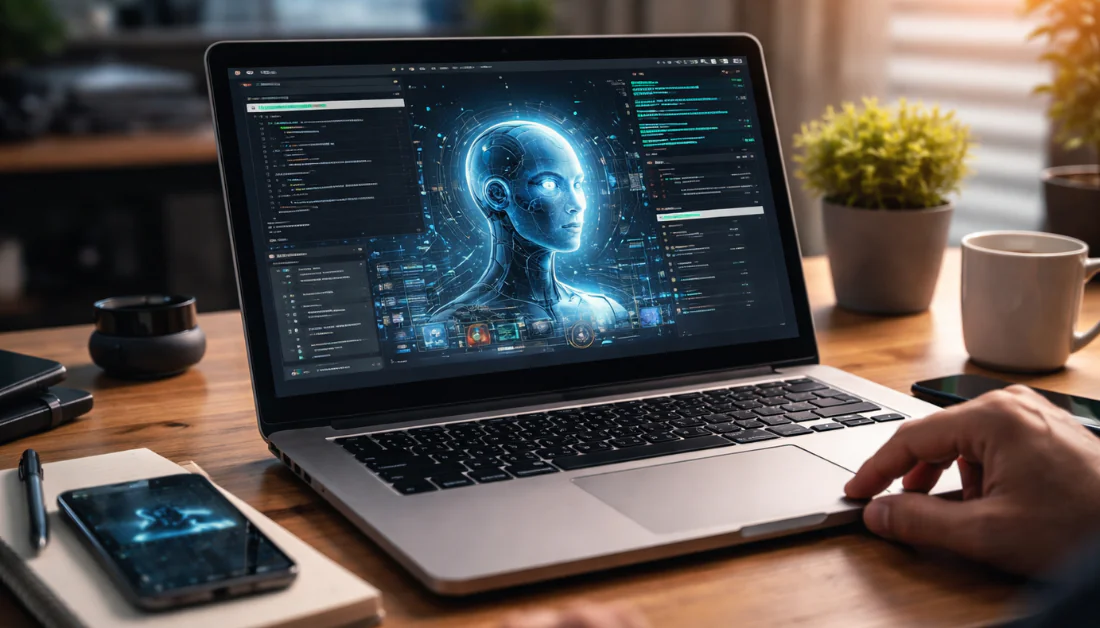 Concept cover: autonomous AI assistant working at a computer on dark background