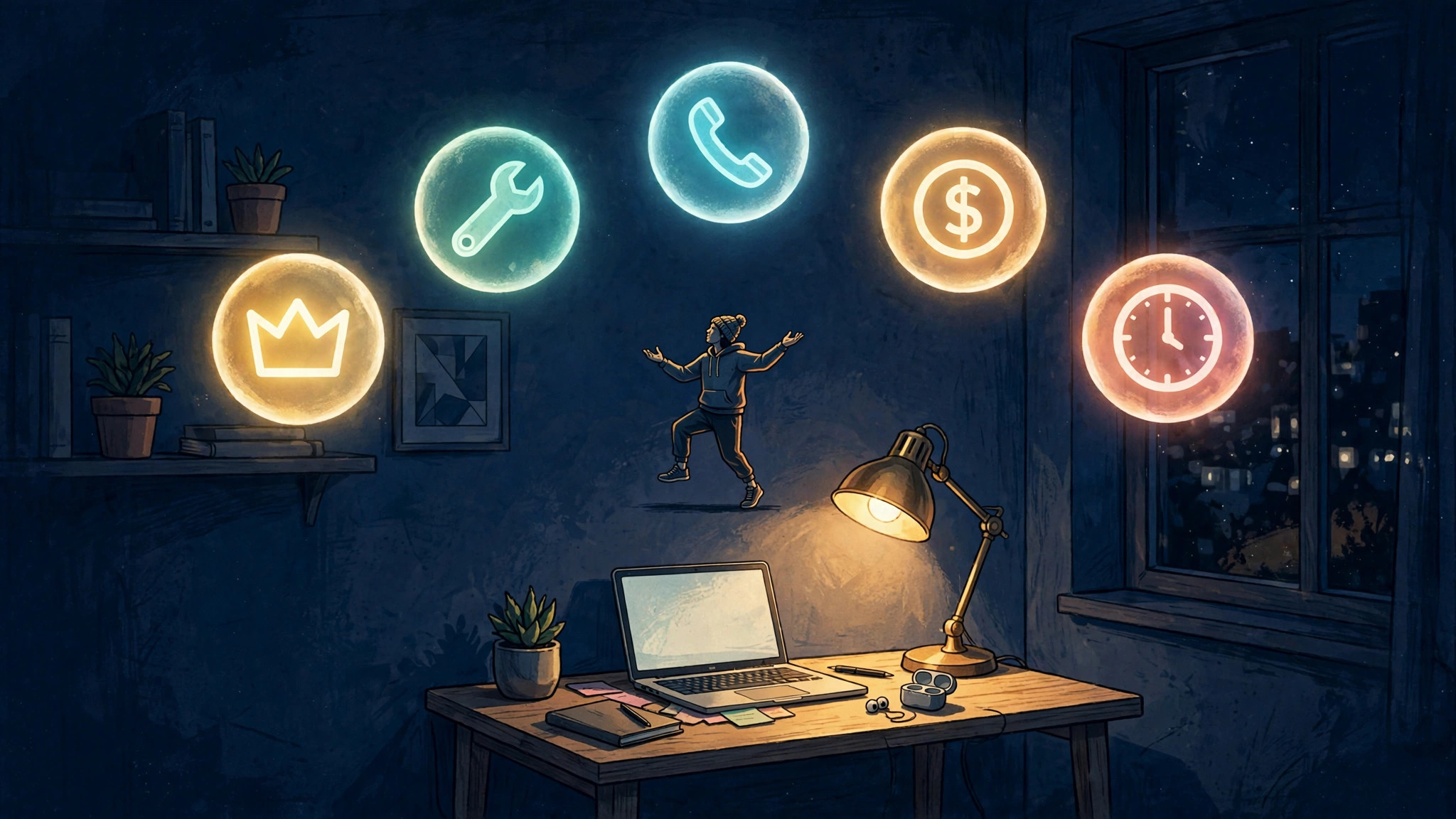 Solo-company-themed cover art: a lonely workstation with calendar and hourglass