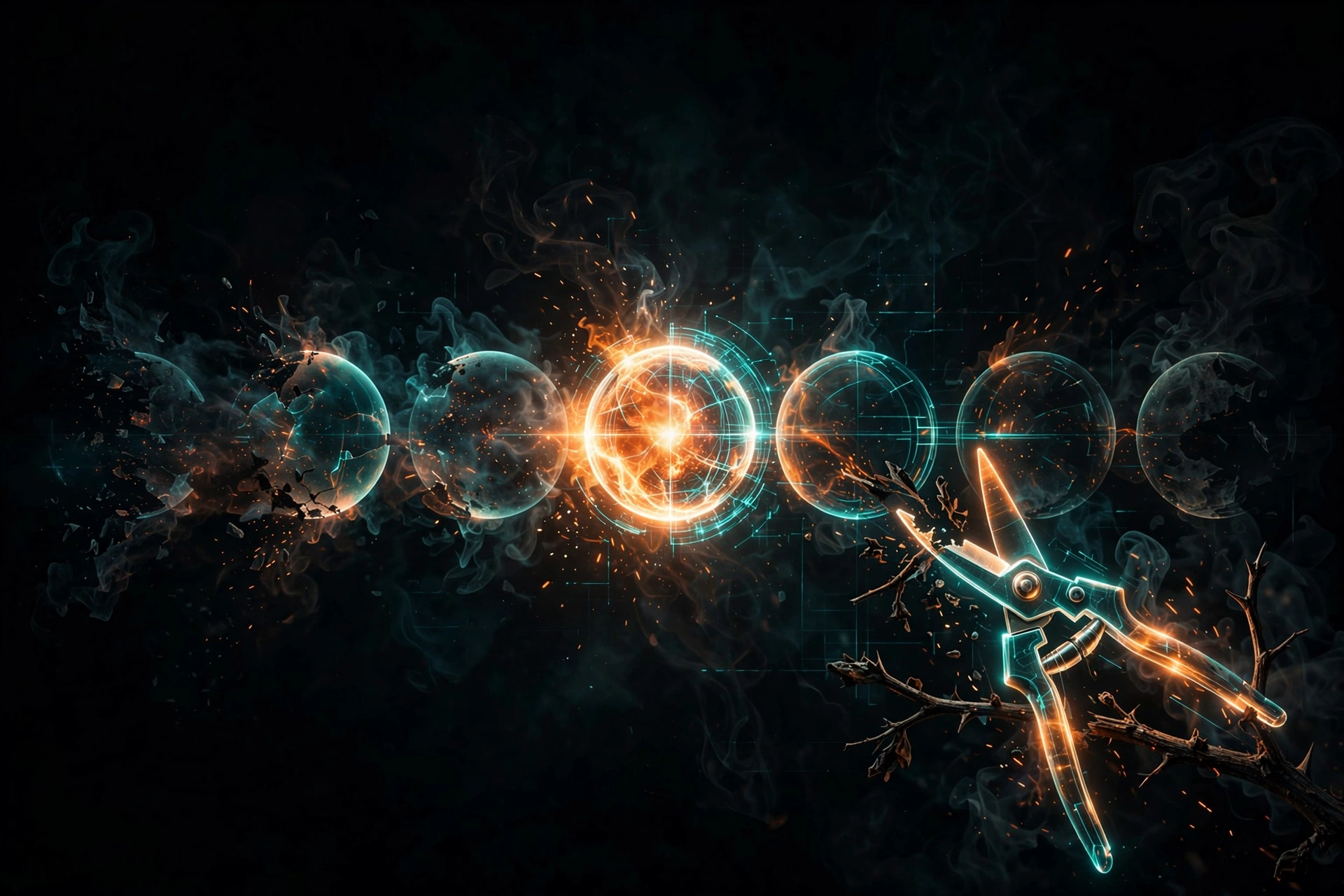 Dark abstract illustration: a row of glowing project orbs fading out one by one, one still burning bright