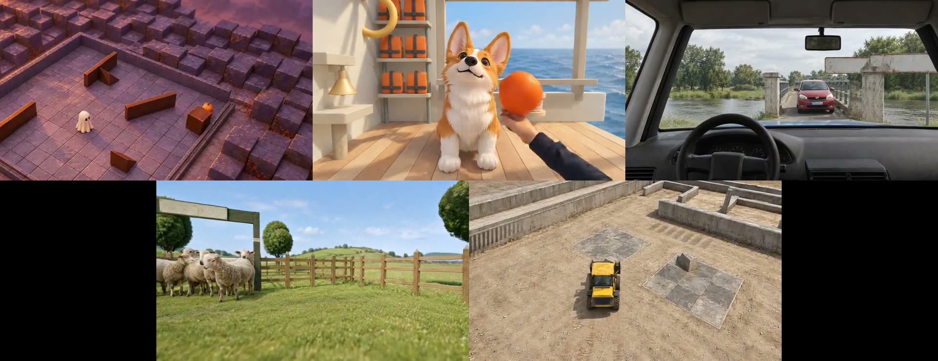 Five code worlds at a glance: hide-and-seek, companion dog, one-lane bridge, herding, and quarry loader, all sharing one practice loop