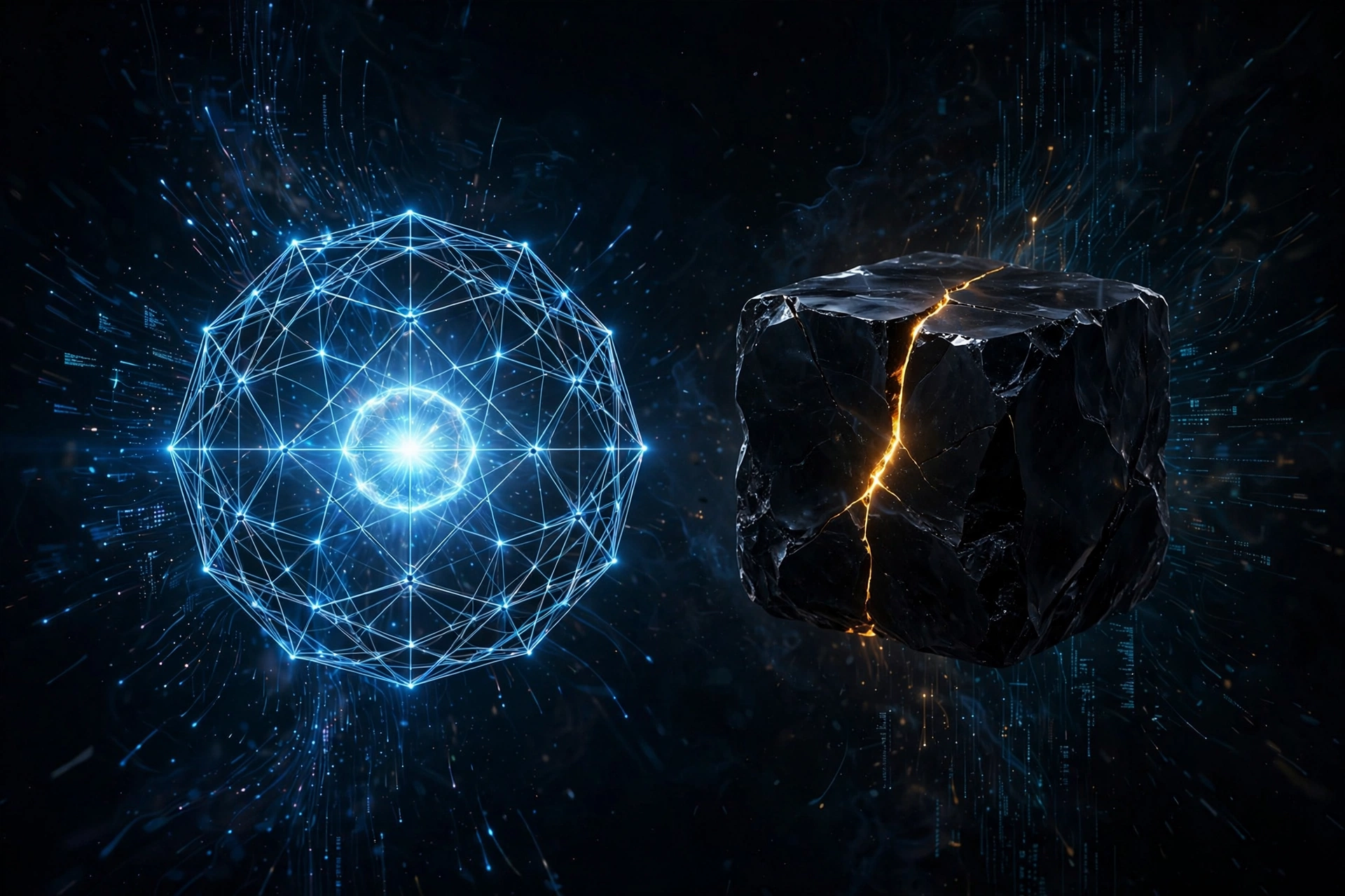 Dark abstract illustration: split composition of an open glowing lattice versus a sealed obsidian cube