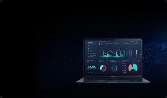 Laptop displaying an analytics dashboard with charts
