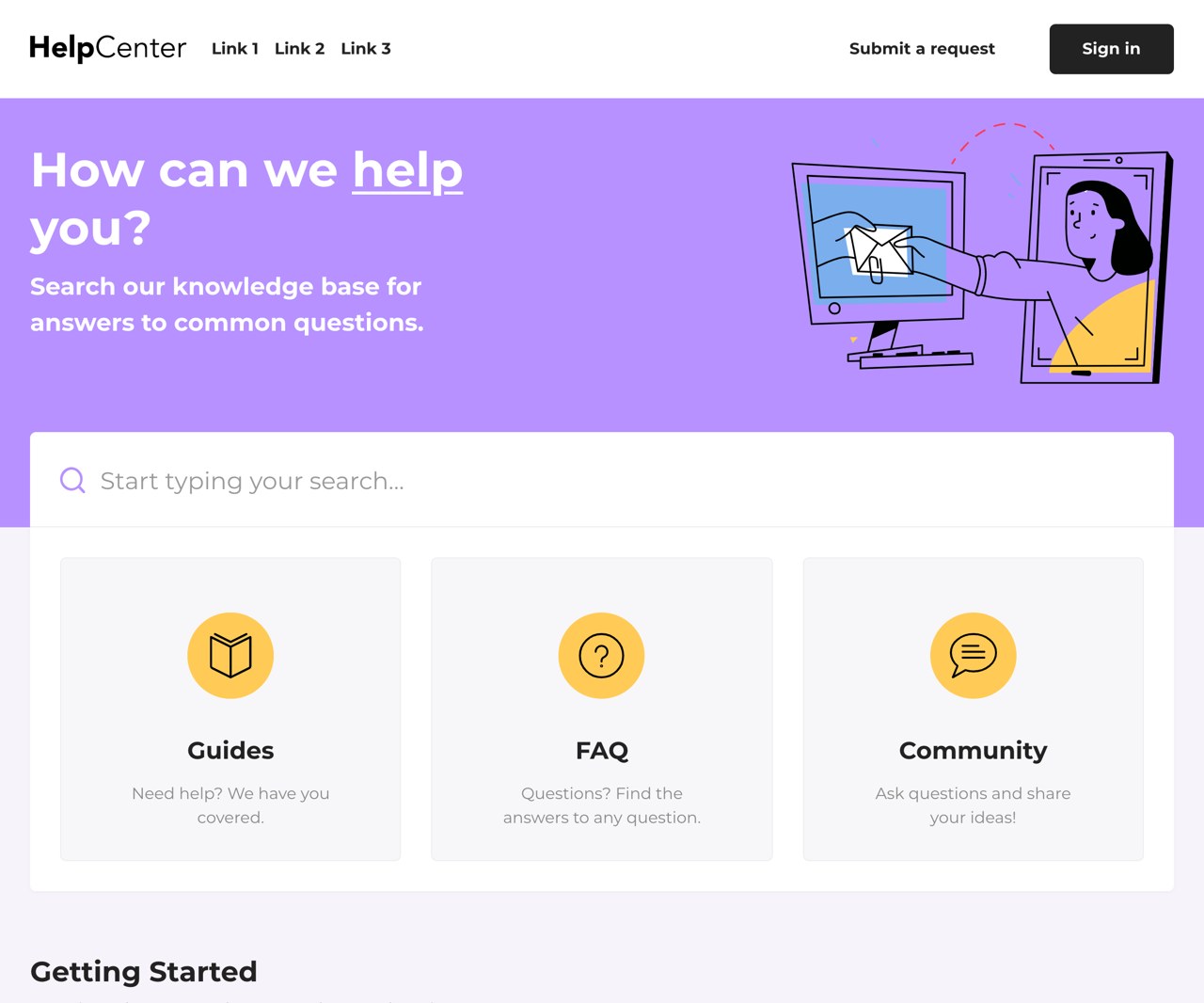 Wireframe of a help center homepage: search bar on top, six top-level category cards below, popular articles list on the side