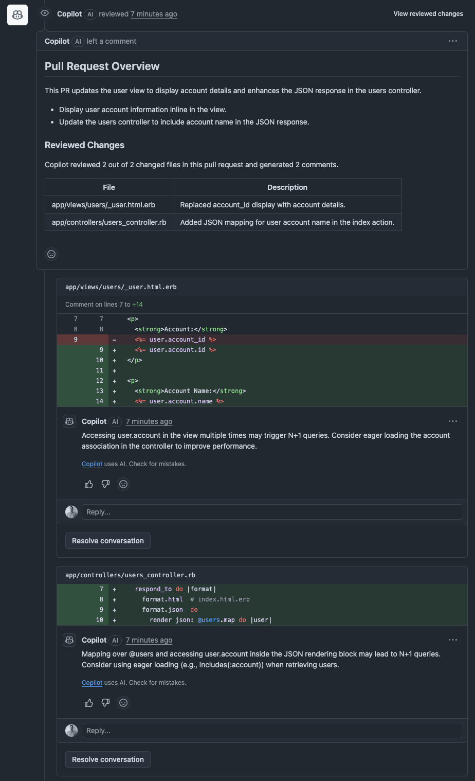 Dark code review interface screenshot showing AI review comments