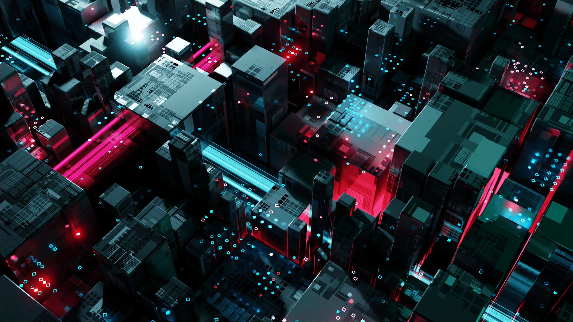 Artistic 3D visualization of imaginary floating cities at night, glowing nodes and light trails forming an urban constellation