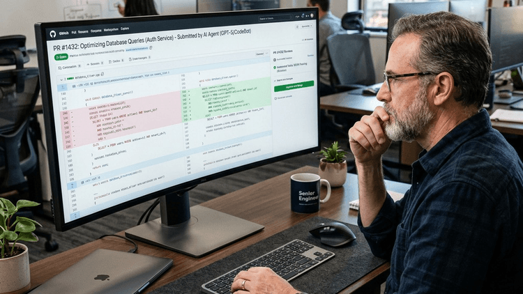 Developer reviewing an AI-submitted code pull request on a large screen