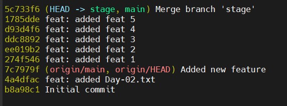 Colored git log commit history with branch pointers in a dark terminal