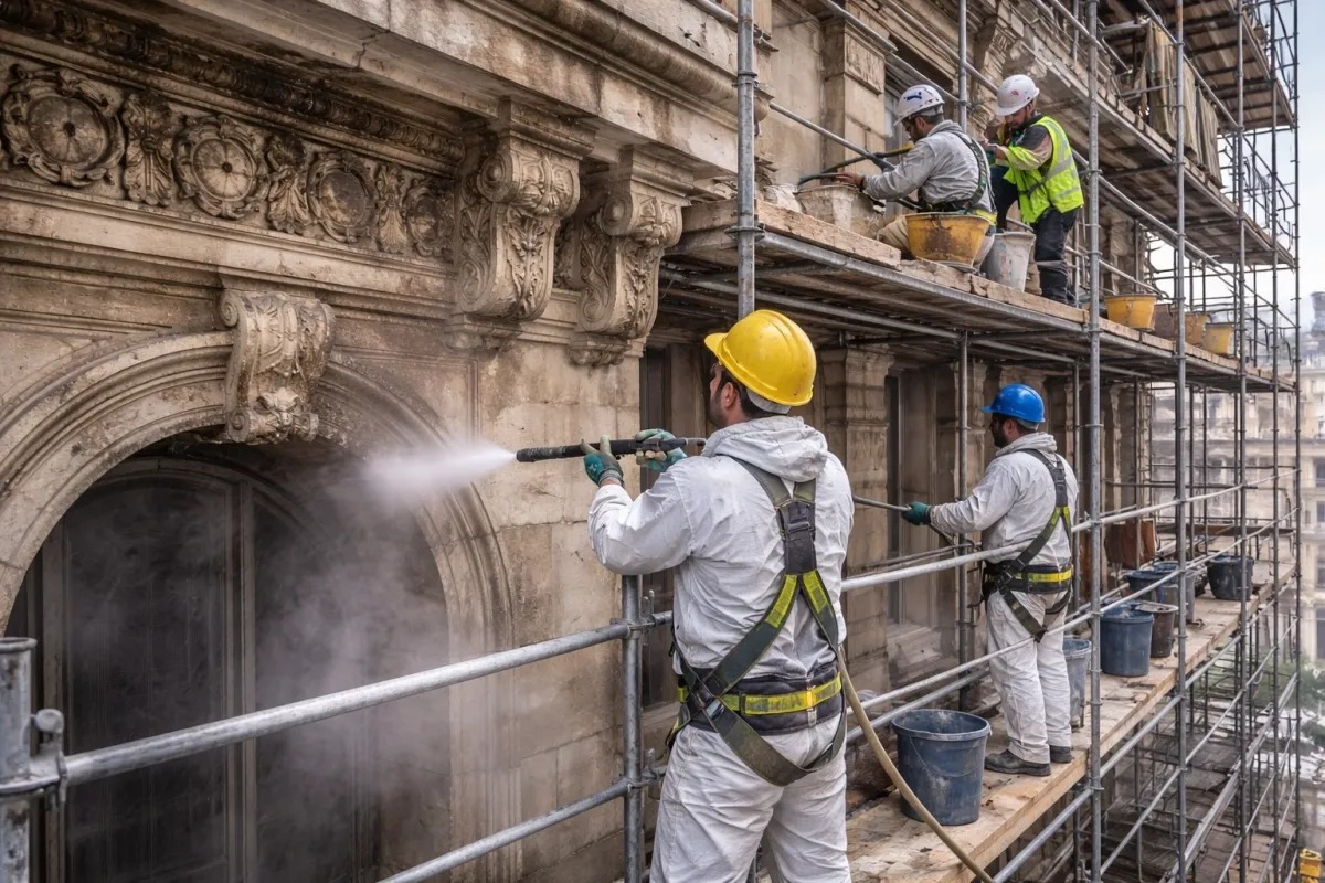 Scaffolding wraps an old building facade as workers restore the historic stonework level by level
